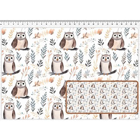 Tecido Tricoline Digital Fernando Maluhy coleção Boho Woodland Coruja 50 x 150 cm