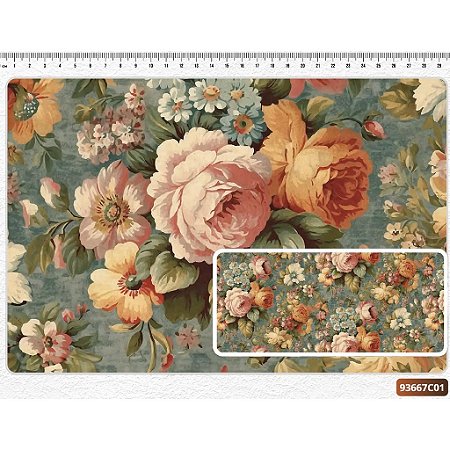 Tecido Tricoline Digital Fernando Maluhy Coleção Vintage floral Flores grandes com fundo verde 50 x 150 cm