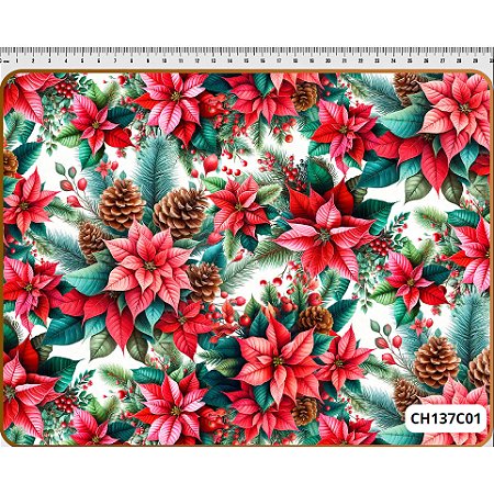 Tecido Tricoline Digital Natal Fernando Maluhy Bico de Papagaio e Pinhas 50 x 150 cm, 100% Algodão