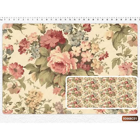 Tecido Tricoline Digital Fernando Maluhy Coleção Vintage Floral Flores Médias com Fundo Bege 50 x 150 cm