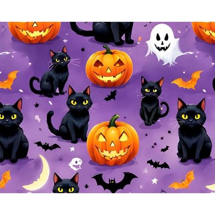 Tecido Tricoline Digital Fernando Maluhy Coleção Halloween Abóboras e Gatos Fundo Roxo 50x150 cm
