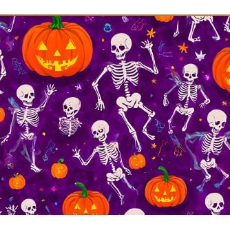 Tecido Tricoline Digital Fernando Maluhy Coleção Halloween Esqueletos e Abóboras 50x150 cm