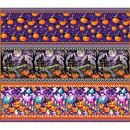 Tecido Tricoline Digital Barrado Fernando Maluhy Coleção Halloween, Estampa de Abóboras e Castelos Assombrados 55x150 cm