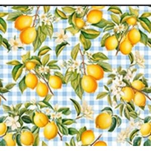 Tecido Tricoline Digital Fernando Maluhy Limão Siciliano Fundo Xadrez Azul 50x150cm