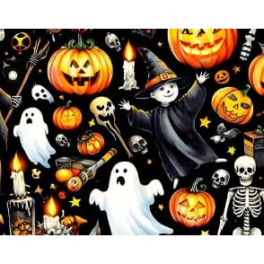 Tecido Tricoline Digital Fernando Maluhy Coleção Halloween Esqueleto Abóboras Fantasmas 50x150 cm