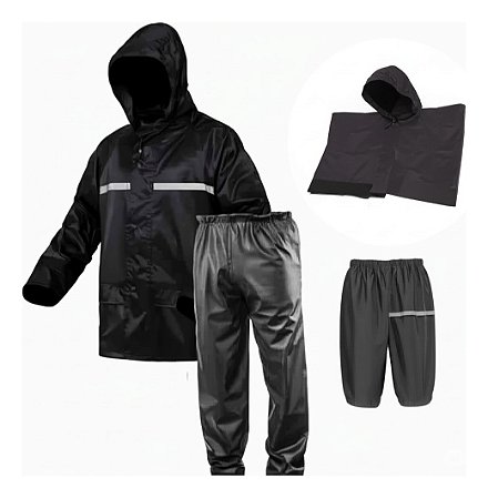 Capa De Chuva Reforçada Reflexiva Preta para Motociclista