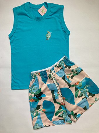 Conjunto Infantil Azul Folhagens Regata Menino