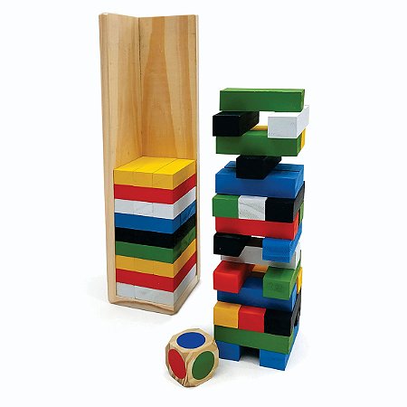 Jogo Tipo Jenga 54 Blocos De Madeira Colorida