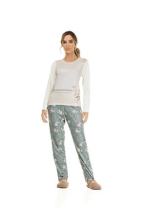 Pijama longo floral suede felpado