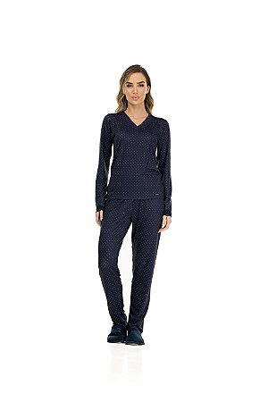 Pijama longo poá com renda na manga felpado