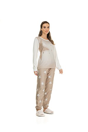 Pijama longo estrela bege new soft