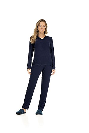 Pijama longo liso com renda azul marinho