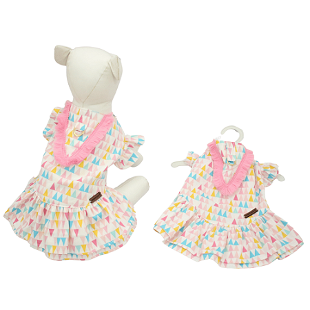 Vestido Pet C/ Estampa Bandeirinha e Gola Rosa Para Cadelas