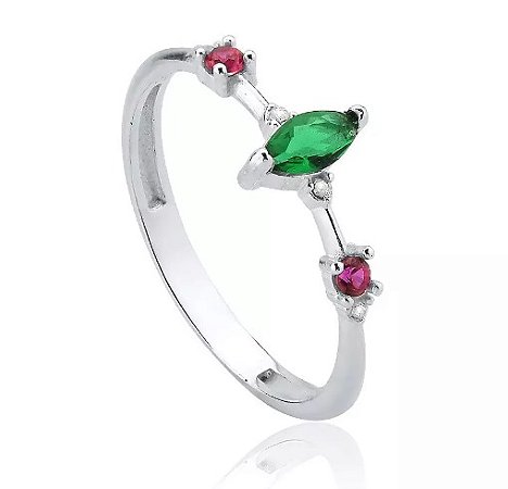 ANEL DE PRATA LIZ PEDRA VERDE E PINK