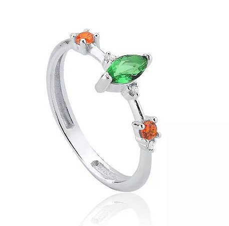 ANEL DE PRATA LIZ PEDRA VERDE E LARANJA