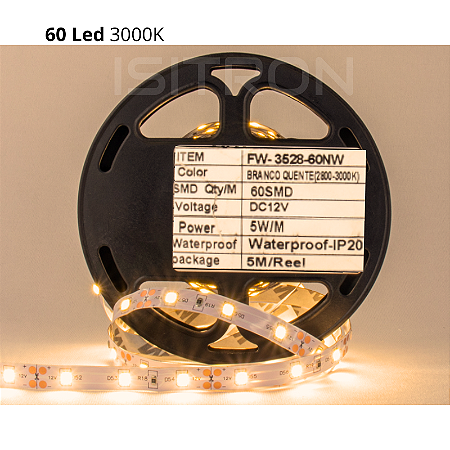 Fita 60 Led 3528 Branco Quente 3000k Dupla Face IP20 Sem Silicone 5 Metros