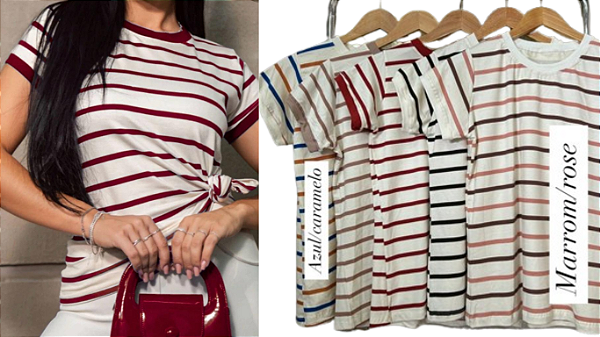 Blusa TShirt babylook Listrada com casual Listras Básicas Moda Feminina