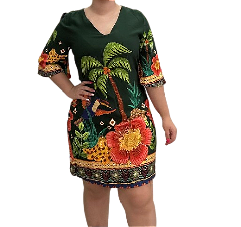 Vestido Inspiração Curto Manga Estampado Único