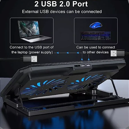 Suporte Base Refrigerada 2 Coolers Ventoinhas Resfriar Notebook Ventilação Silenciosa Ajustável Até 17 Pol Usb Cor Preto Led Azul