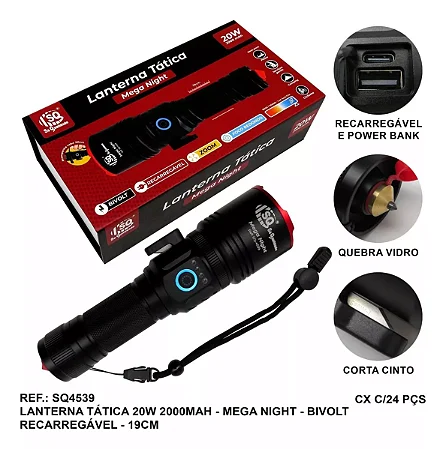 Lanterna Corpo Alumínio, Mega Nigth Premier Led Recarregável Cor Da Lanterna Preto Cor Da Luz Branco