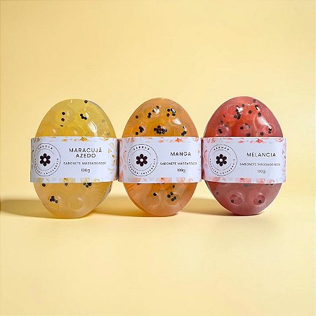 Kit com 3 sabonetes massageadores - Maracujá Azedo, Manga e Melancia