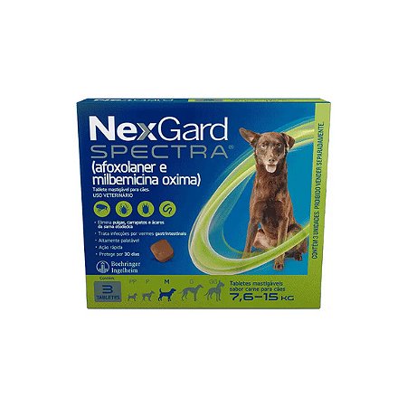 NexGard Spectra  Antipulgas e Vermífugo Cães 7,6kg a 15kg - 1 comprimido