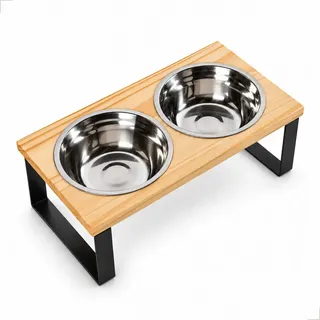 Comedouro Inox  Alto Duplo 350ml Madeira Multifunconais