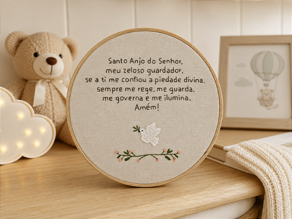 Bastidor Bordado à mão Oração Santo Anjo do Senhor Paz