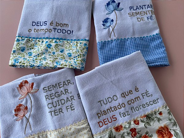 Kit 4 Pano de Prato Bordado com Barra de Tricoline