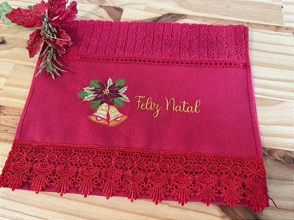 Toalha de Lavabo Vermelha Feliz Natal com Renda Guipir