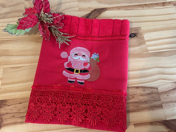 Toalha de Lavabo Vermelha Natal Papai Noel com Renda Guipir