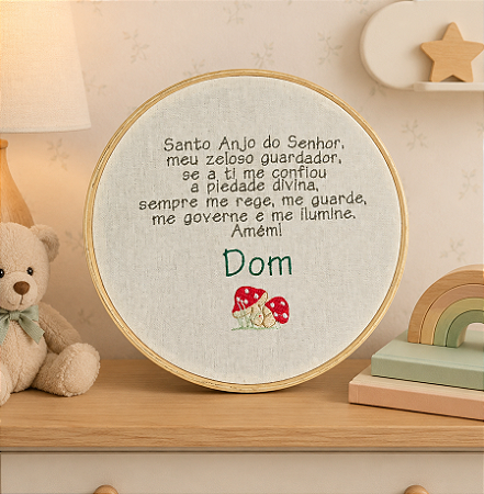 Quadro Bastidor Bordado Porta Maternidade Santo Anjo do Senhor Cogumelos + Nome