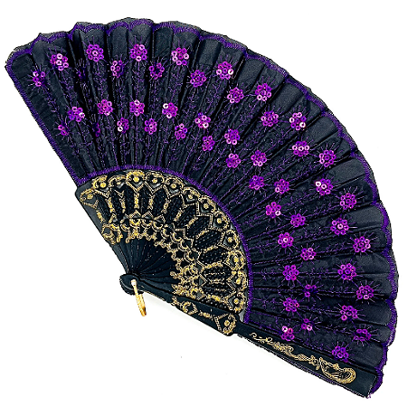 Leque Simples Cigana Paetê e Renda - Roxo/ Preto