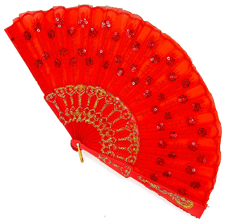Leque Simples Cigana Paetê e Renda - Vermelho ***PROMOCIONAL ***