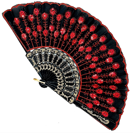 Leque Simples Cigana Paetê e Renda - Preto/ Vermelho