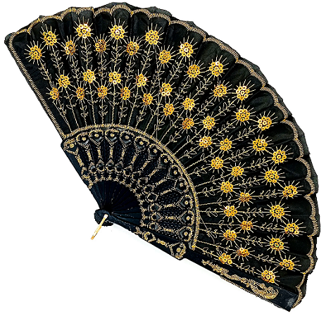 Leque Simples Cigana Paetê e Renda - Preto/ Amarelo