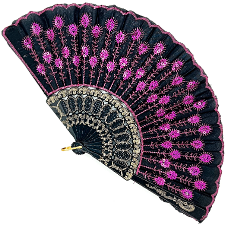 Leque Simples Cigana Paetê e Renda - Preto/ Rosa