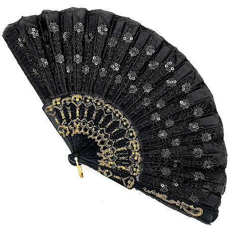 Leque Simples Cigana Paetê e Renda - Preto