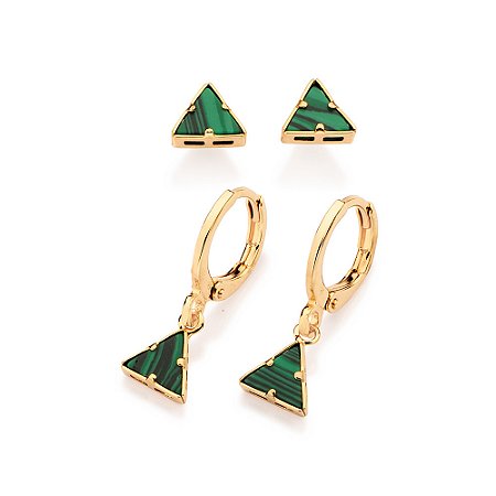 KIT BRINCO ARGOLA E TRIÂNGULO BANHADO A OURO 18K COM PEDRAS SINTÉTICAS VERDE ROMMANEL 527485