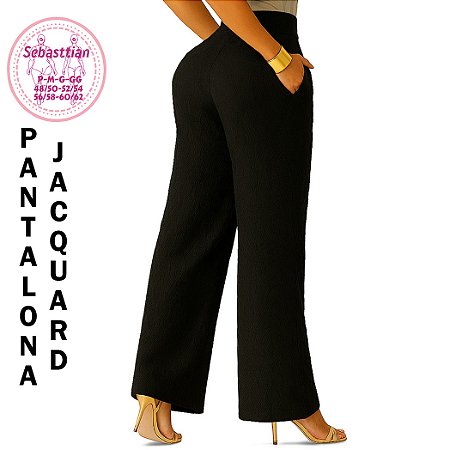 Pantalona preta bolsos, do P até o plus size 60/62, cintura alta, tecido jacquard