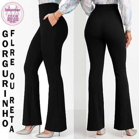 Calça social feminina preta bolsos frente, Tam. P ao Plus Size 64/66, tecido gorgurinho