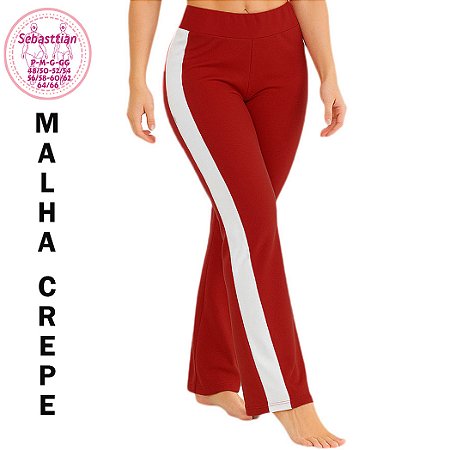 Legging Flare com faixa lateral, do P até plus size 60/62, crepe de malha vermelho