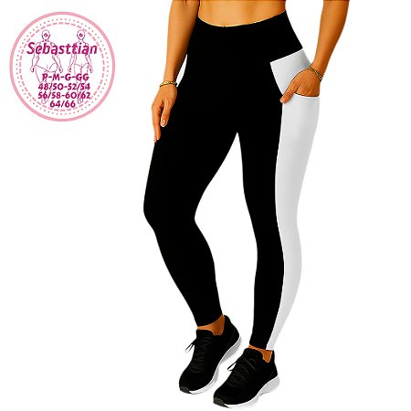Calça Legging bolsos preta/branco do P ao Plus Size (64/66), cintura alta, tecido suplex grosso