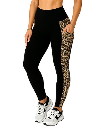 Calça Legging bolsos preta/onça do P ao Plus Size (64/66), cintura alta, tecido suplex grosso