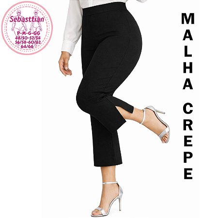 Calça Capri/Pantacourt fenda preta, do P até o plus size 64/66, cintura alta, crepe de malha