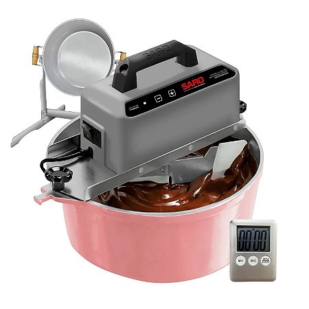 Kit Panela Elétrica Automática de Brigadeiro 10 Litros Rosa Saro + Suporte Vira Panela + Timer