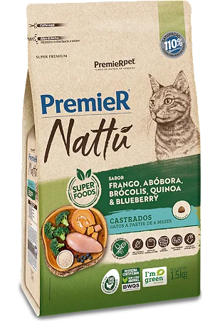 PremieR Nattu Gatos Castrados 1,5Kg Sabor Frango, Abóbora, Brócolis, Quinoa e Blueberry