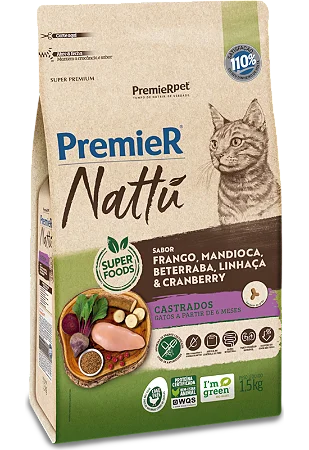 PremieR Nattu Gatos Castrados 1,5Kg Sabor Frango, Mandioca, Beterraba, Linhaça e Cranberry