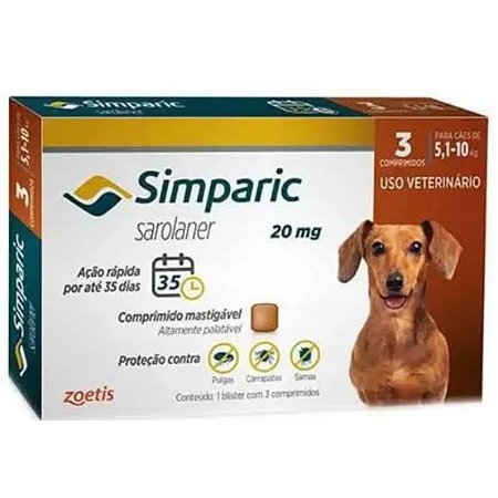 Antipulgas Simparic 20mg para cães de 5 a 10kg Embalagem com 3 comprimidos