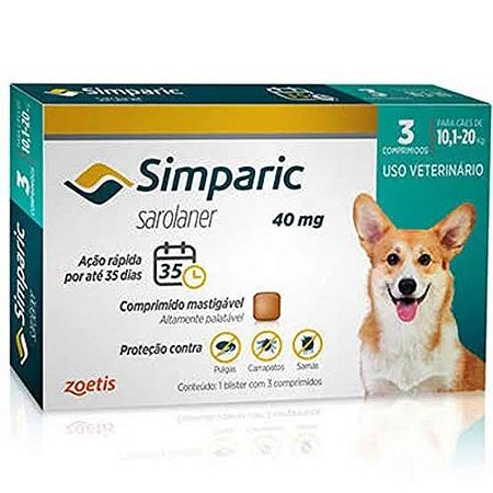 Antipulgas Simparic 40mg para cães de 10,1 a 20kg Embalagem com 3 comprimidos